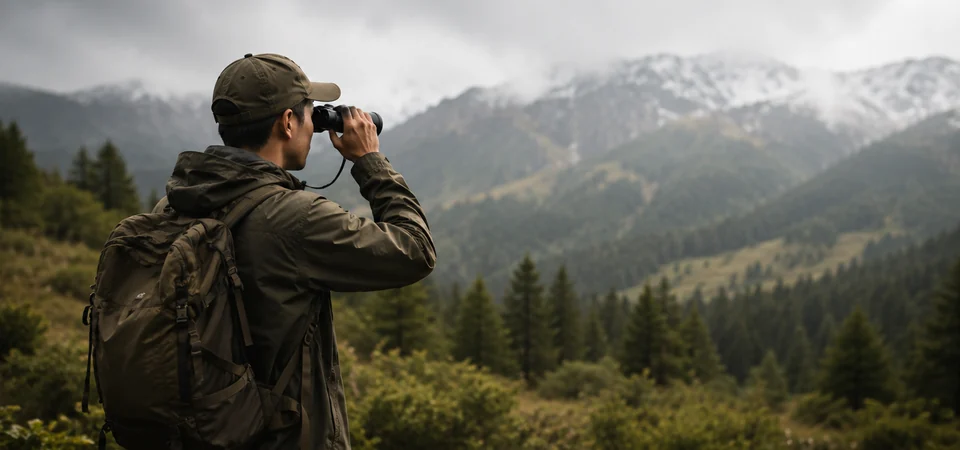 An outdoor observer using binoculars in a mountain landscape